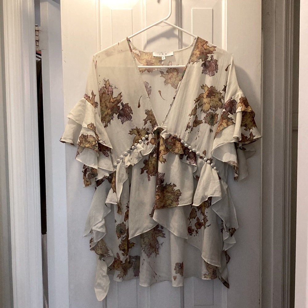 IRO flounce floral blouse with button detail